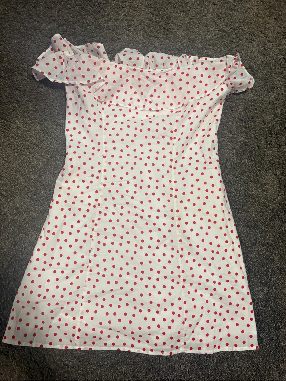 Hollister White Mini Dress with Red Polka Dots - Ruffle Off-Shoulder